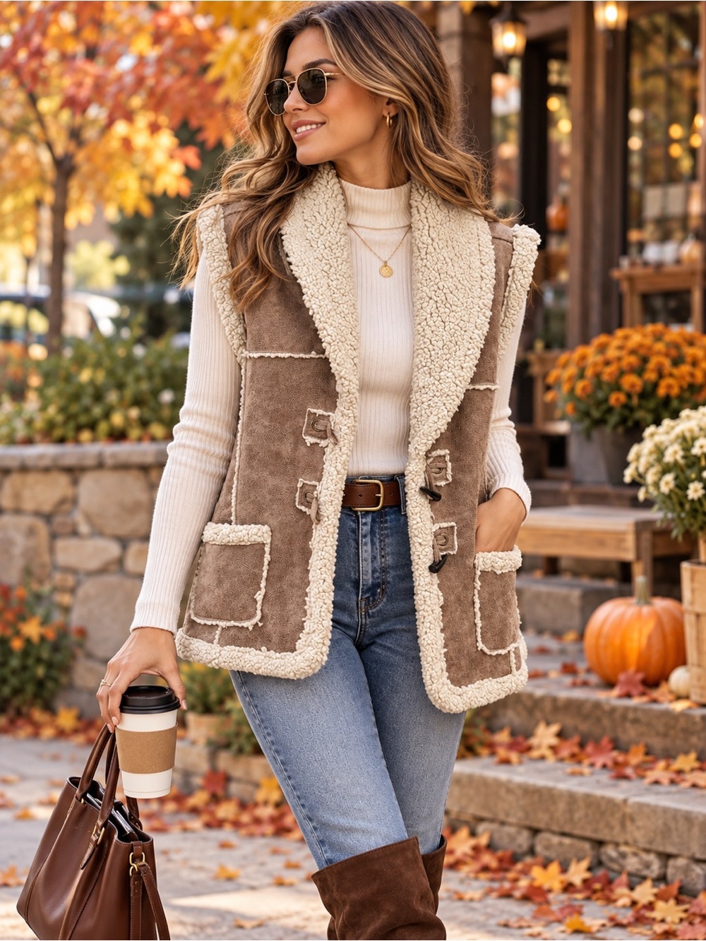Cozy Taupe Faux Shearling Vest with Cream Trim